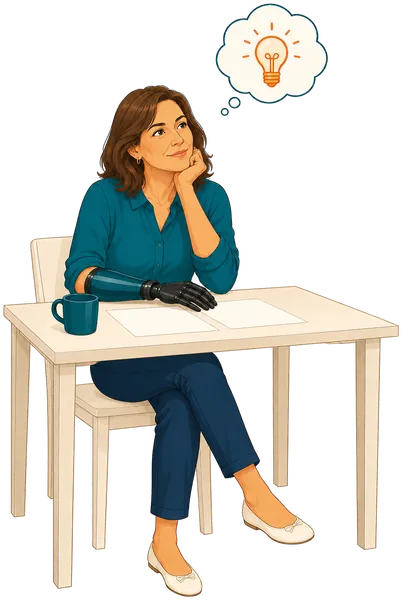 A woman with a below-elbow prosthesis sitting at a table deep in thought, a light bulb in her thought bubble