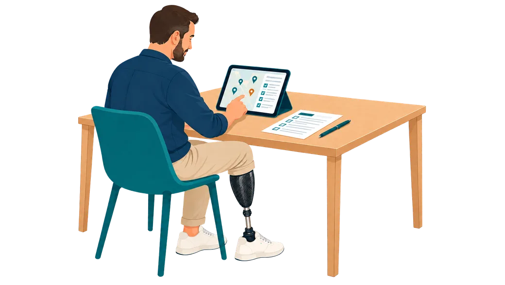 A man with a below-knee leg prosthesis sits at a table using a tablet showing a map, with a form and a pen beside it