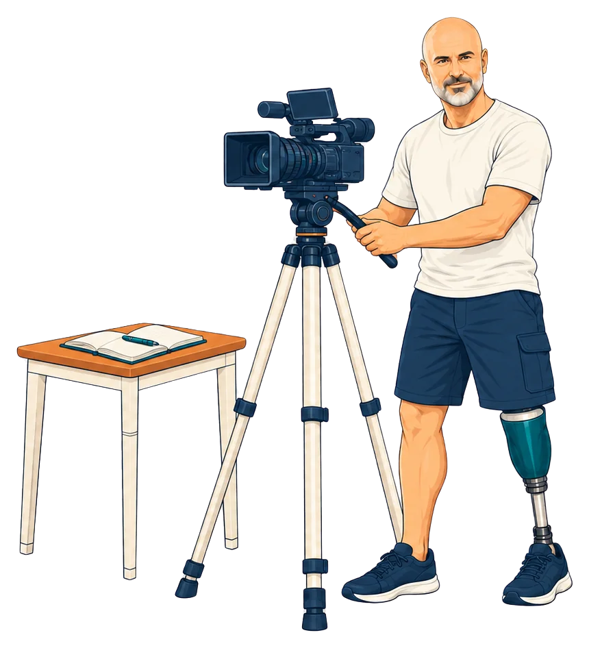 A man with a below-knee leg prosthesis adjusting a camera on a tripod, with an open notebook on a small table beside him