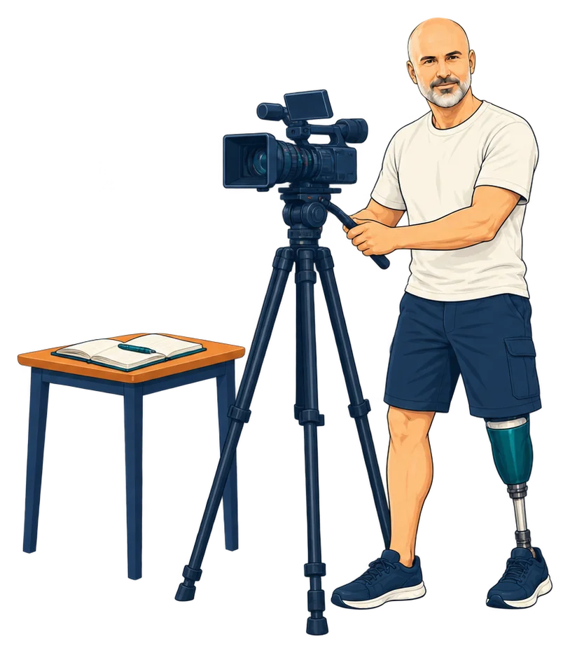 A man with a below-knee leg prosthesis adjusting a camera on a tripod, with an open notebook on a small table beside him