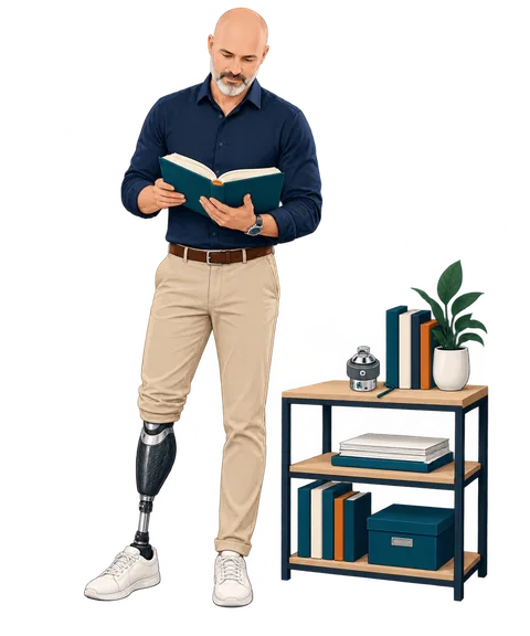 A man with a below knee prosthesis stands by a shelf of documents, reading an open book