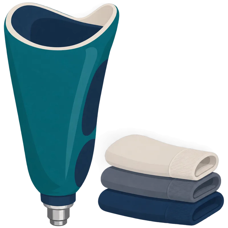 A teal prosthetic thigh socket standing upright with an adapter at the bottom, next to a stack of three folded prosthetic socks in cream, grey and navy