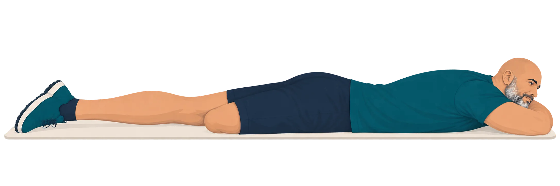 Person after a lower limb amputation lying face down on a bed, the residual limb straight and flat against the mattress, with no roll underneath