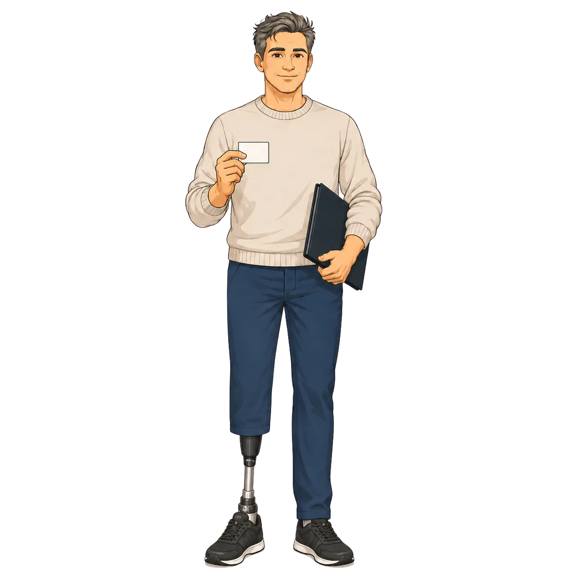Man with a transtibial prosthesis holding an identity document and a folder of paperwork