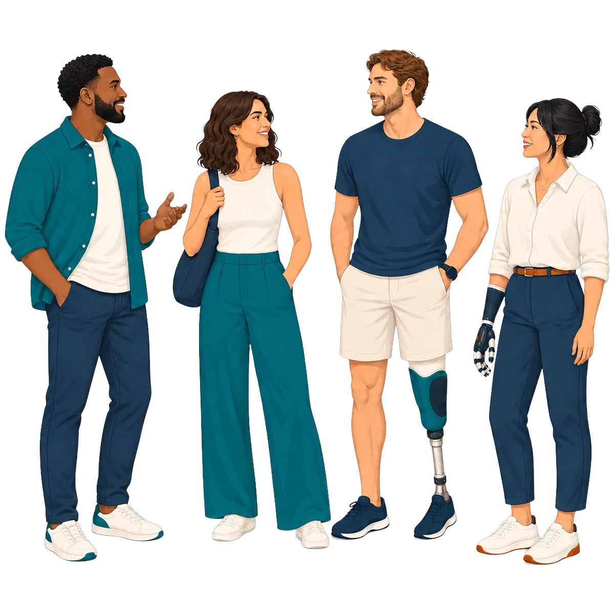 Four adults standing in a loose semicircle talking, one with a prosthetic hand, another with a prosthetic leg